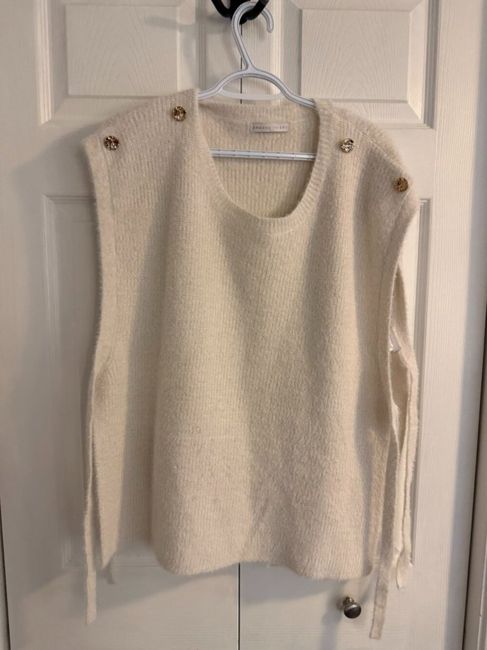 Shimmering Ivory Knit Vest - Gold Shoulder Buttons & Side Ties